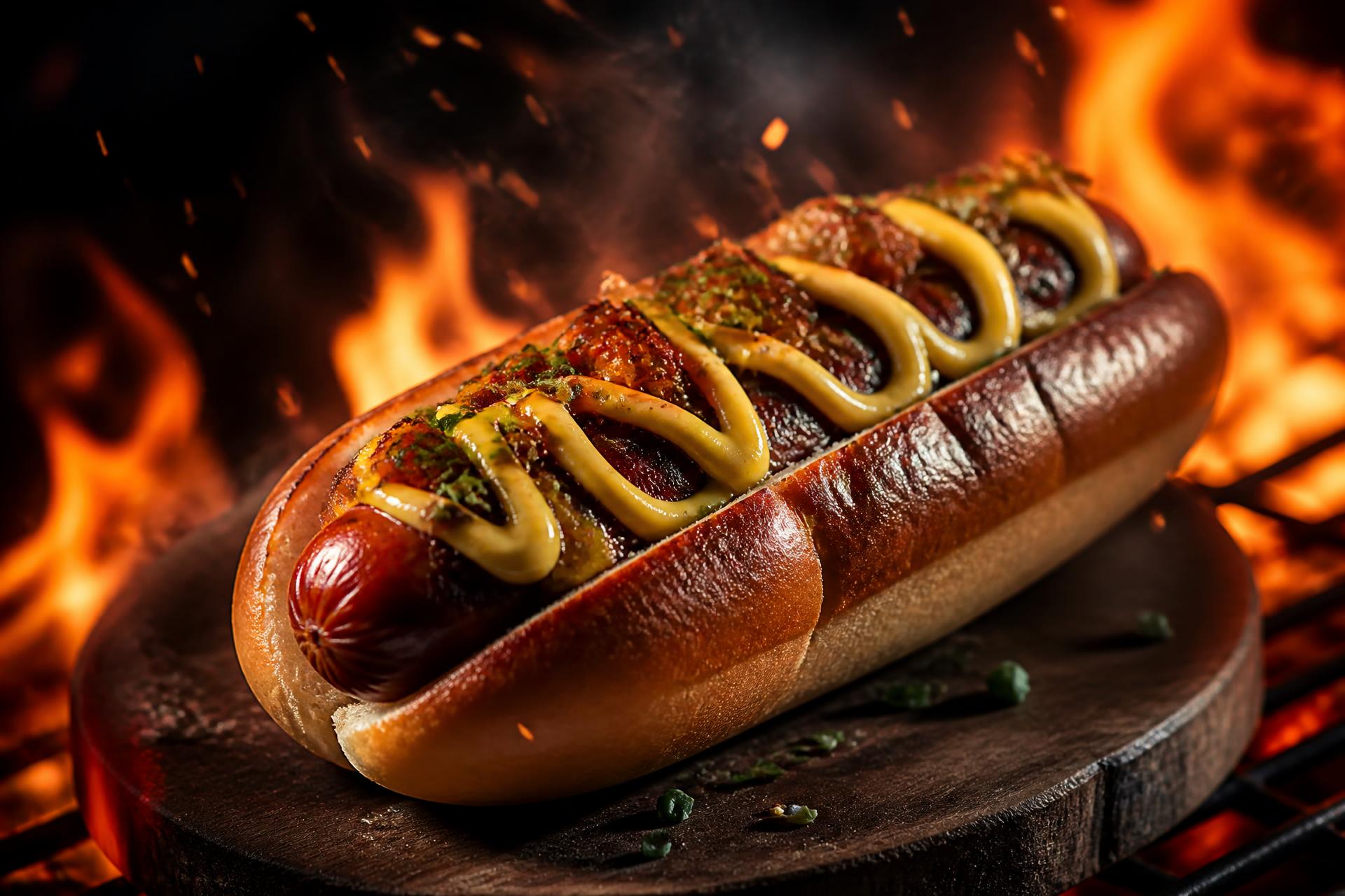 Signature Underdogz gourmet hot dog searing over open flames
